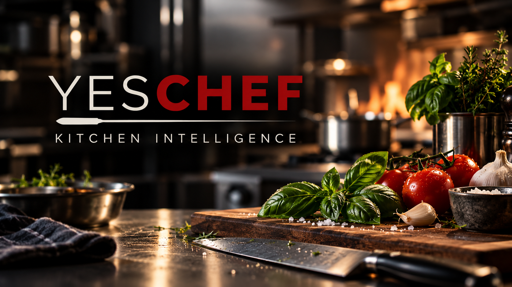 YesChef Kitchen Intelligence artwork with fresh ingredients in a professional kitchen