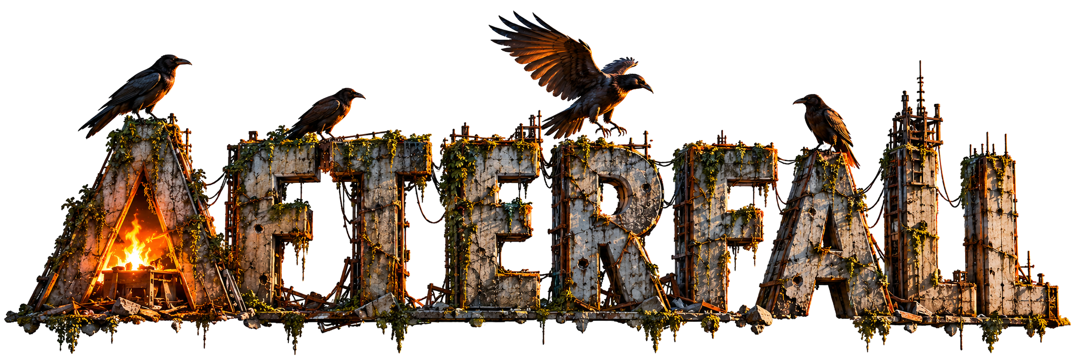 AfterFall title artwork formed from ruined structures with perched ravens