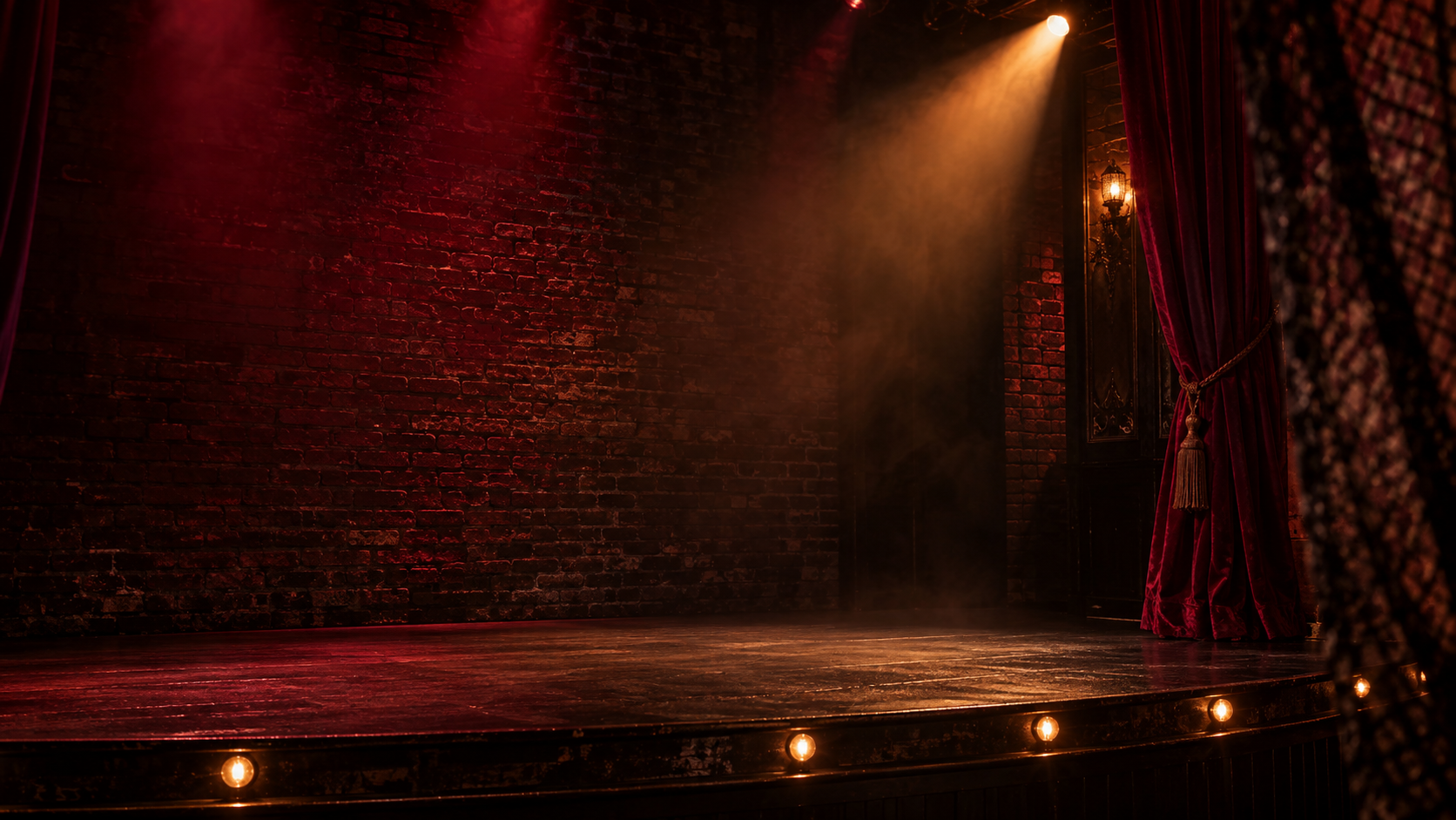 Amber and burgundy lighting on a brick stage